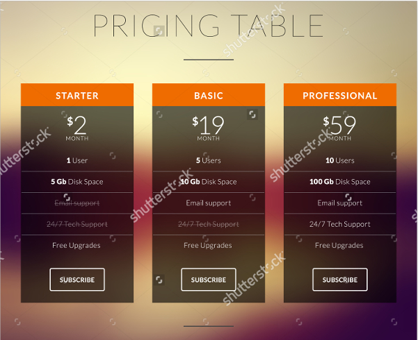 pricing table for websites