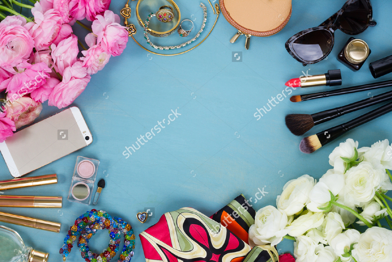 Fashion-Fresh-Flowers-on-Blue-Wooden-Background