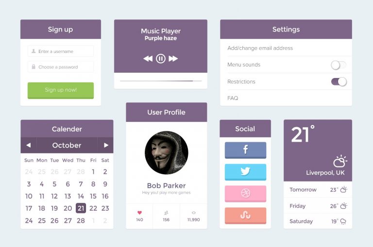 Purple PSD: Top Free Flat UI Kits PSD For Mobile Apps