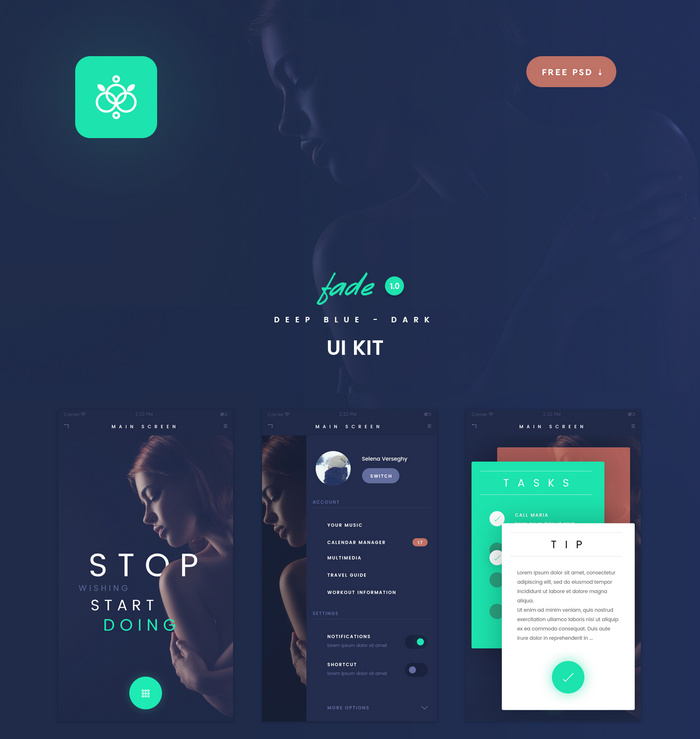 Fade App: Top Free Flat UI Kits PSD For Mobile Apps