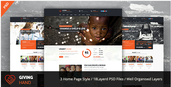 GIVINGHAND - Charity & Fundraising PSD Template