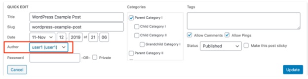 Quick edit of author in WordPress